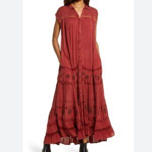 Free People Pretty Cozy Maxi Dress Embroidered Ruffle Dress Button Up.